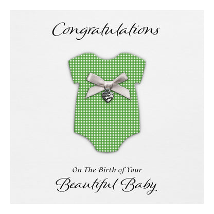 New Baby Card (Heart Charm & Bow) - White Cardstock / Green Check