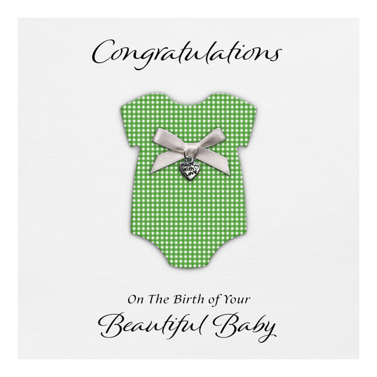 New Baby Card (Heart Charm & Bow) - White Cardstock / Green Check