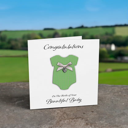 New Baby Card (Heart Charm & Bow) - White Cardstock / Green Check