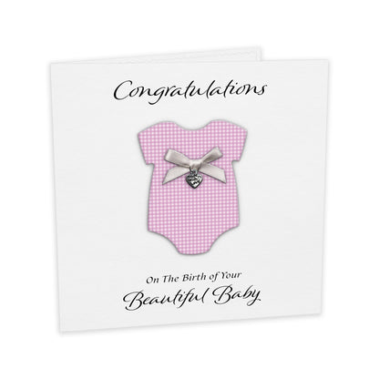 New Baby Card (Heart Charm & Bow) - White Cardstock / Lilac Check