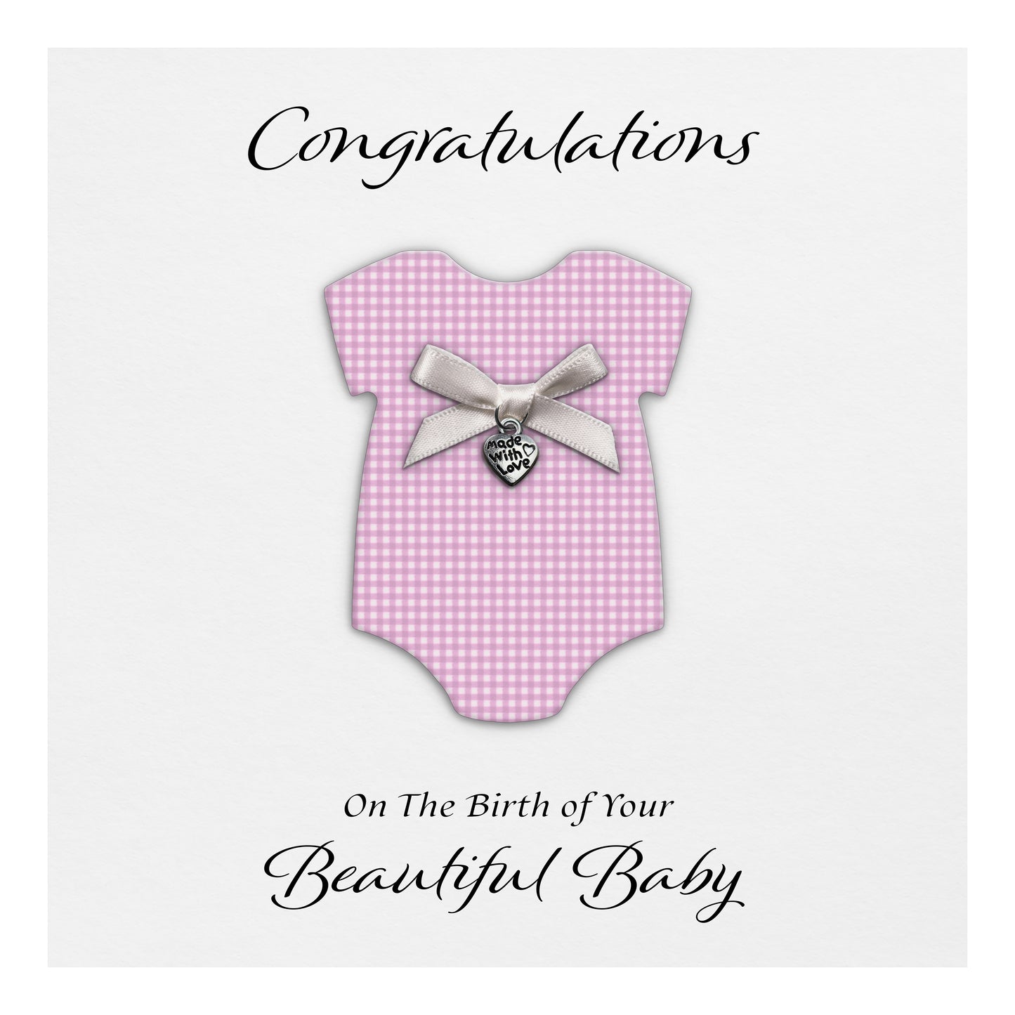 New Baby Card (Heart Charm & Bow) - White Cardstock / Lilac Check