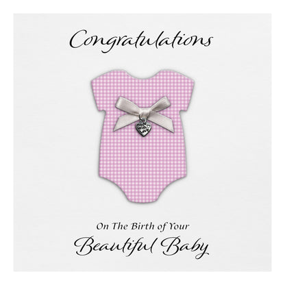 New Baby Card (Heart Charm & Bow) - White Cardstock / Lilac Check