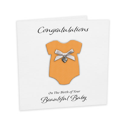New Baby Card (Heart Charm & Bow) - White Cardstock / Orange Check
