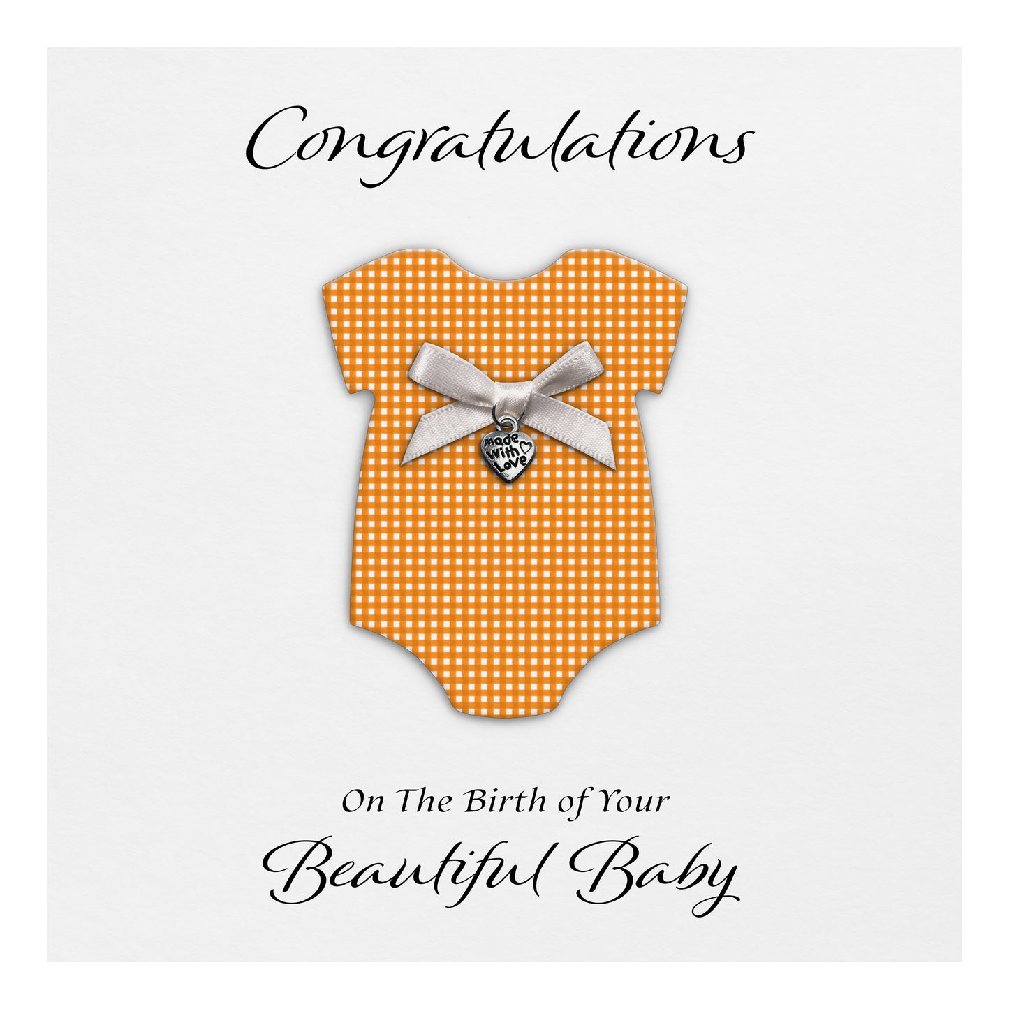 New Baby Card (Heart Charm & Bow) - White Cardstock / Orange Check