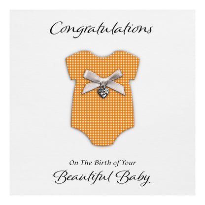New Baby Card (Heart Charm & Bow) - White Cardstock / Orange Check
