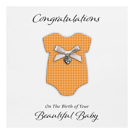 New Baby Card (Heart Charm & Bow) - White Cardstock / Orange Check