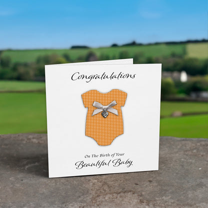 New Baby Card (Heart Charm & Bow) - White Cardstock / Orange Check