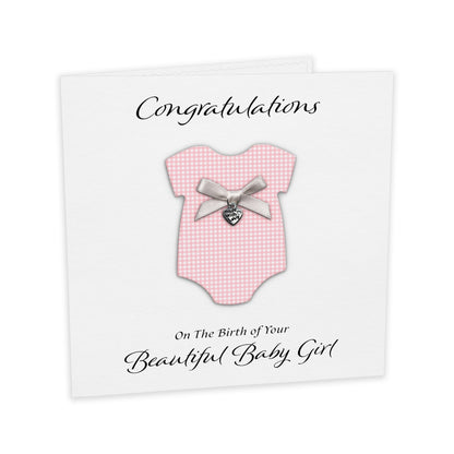 New Baby Card (Heart Charm & Bow) - White Cardstock / Pink Check