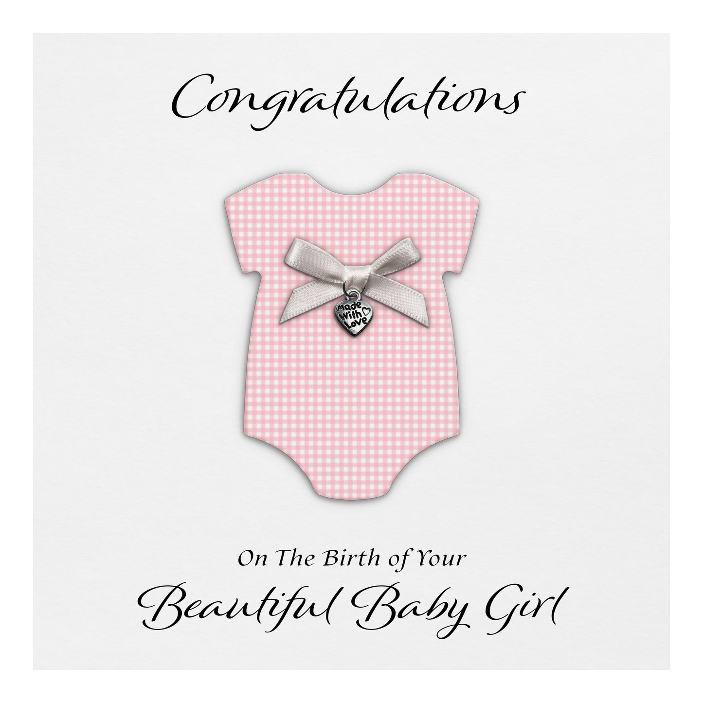 New Baby Card (Heart Charm & Bow) - White Cardstock / Pink Check