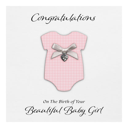 New Baby Card (Heart Charm & Bow) - White Cardstock / Pink Check