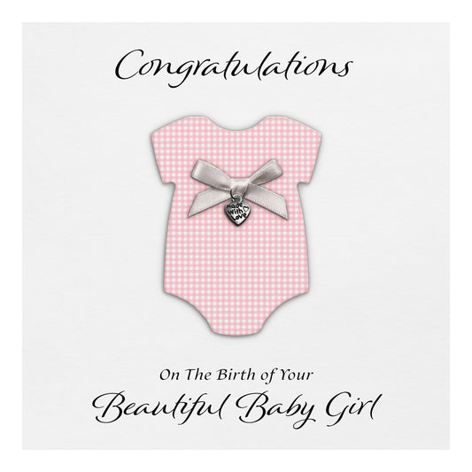 New Baby Card (Heart Charm & Bow) - White Cardstock / Pink Check