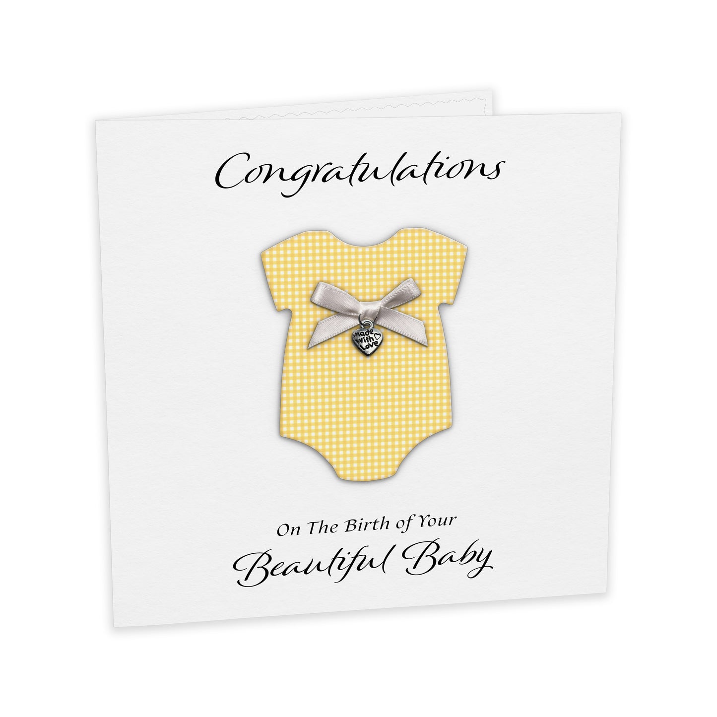 New Baby Card (Heart Charm & Bow) - White Cardstock / Yellow Check