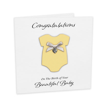 New Baby Card (Heart Charm & Bow) - White Cardstock / Yellow Check
