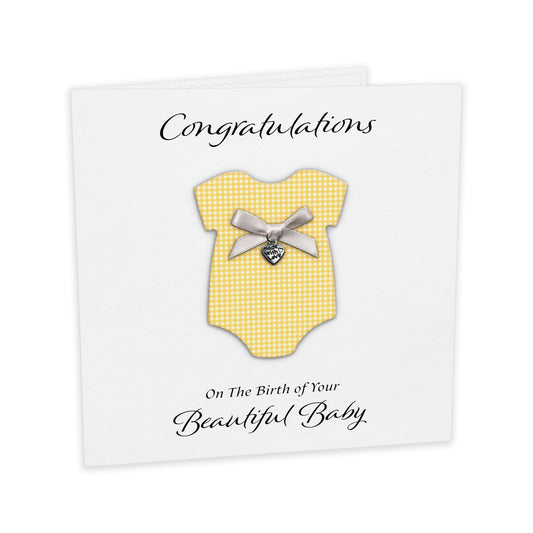 New Baby Card (Heart Charm & Bow) - White Cardstock / Yellow Check