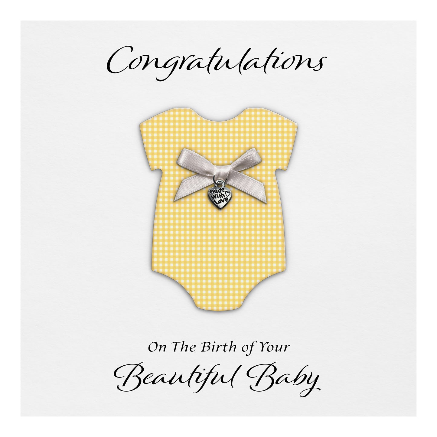 New Baby Card (Heart Charm & Bow) - White Cardstock / Yellow Check