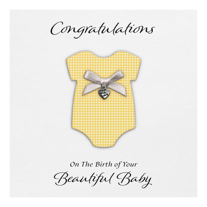New Baby Card (Heart Charm & Bow) - White Cardstock / Yellow Check