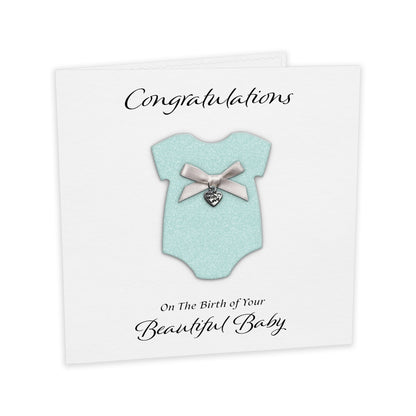 New Baby Card (Heart Charm & Bow) - White Cardstock / Baby Blue Glitter