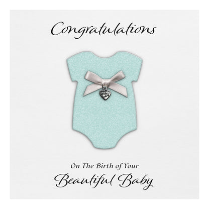 New Baby Card (Heart Charm & Bow) - White Cardstock / Baby Blue Glitter