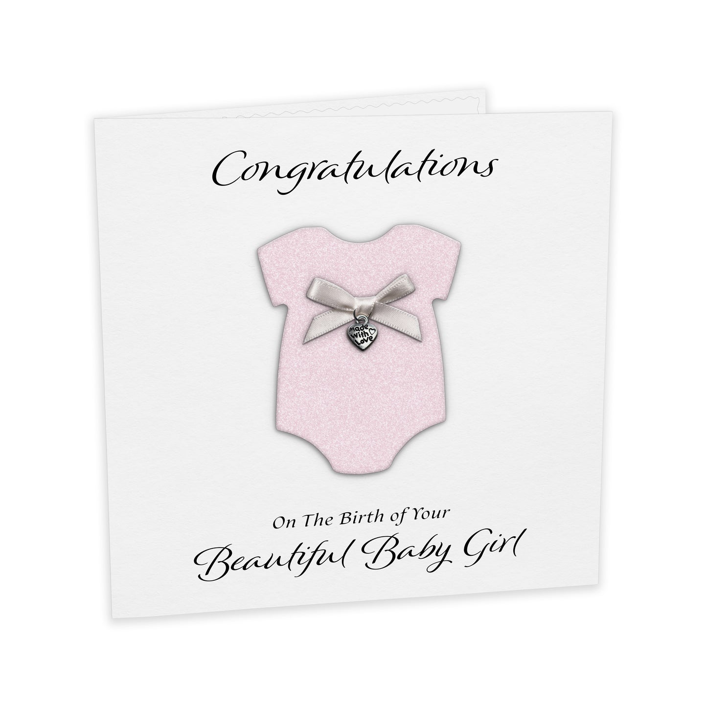 New Baby Card (Heart Charm & Bow) - White Cardstock / Baby Pink Glitter