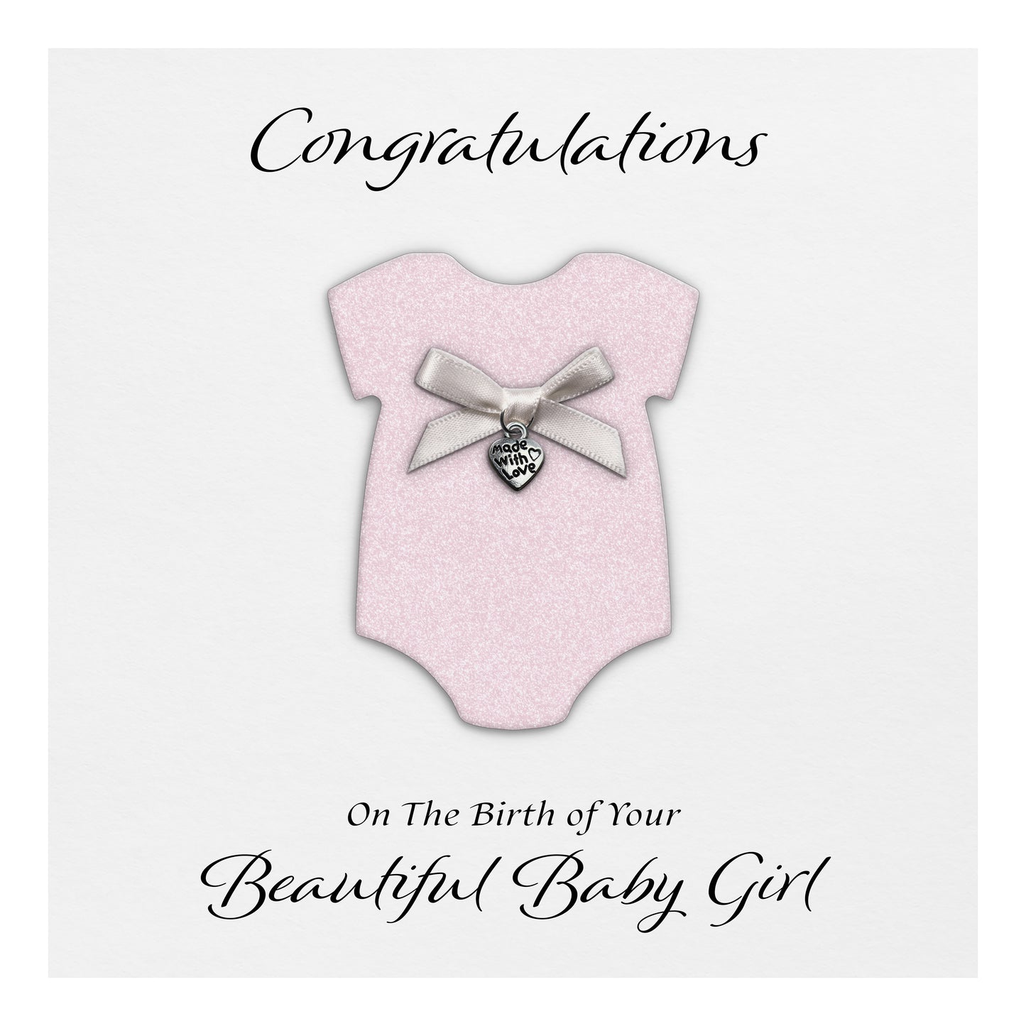 New Baby Card (Heart Charm & Bow) - White Cardstock / Baby Pink Glitter