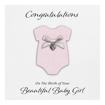 New Baby Card (Heart Charm & Bow) - White Cardstock / Baby Pink Glitter