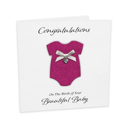 New Baby Card (Heart Charm & Bow) - White Cardstock / Cerise Glitter