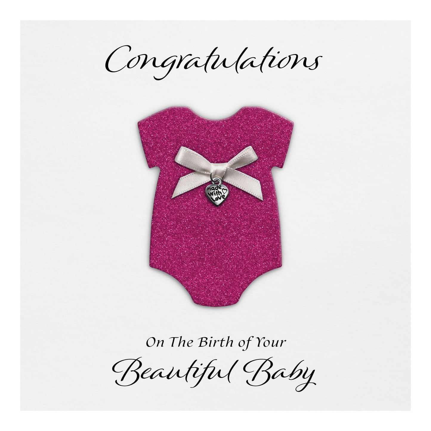 New Baby Card (Heart Charm & Bow) - White Cardstock / Cerise Glitter