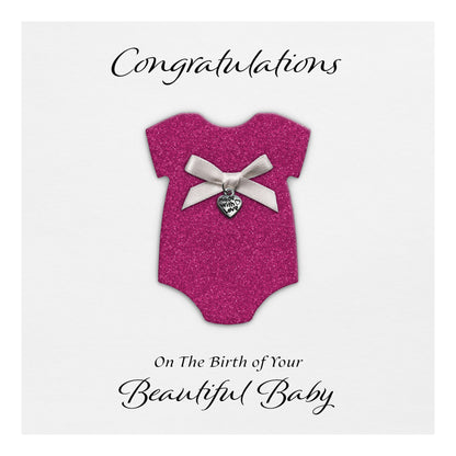 New Baby Card (Heart Charm & Bow) - White Cardstock / Cerise Glitter