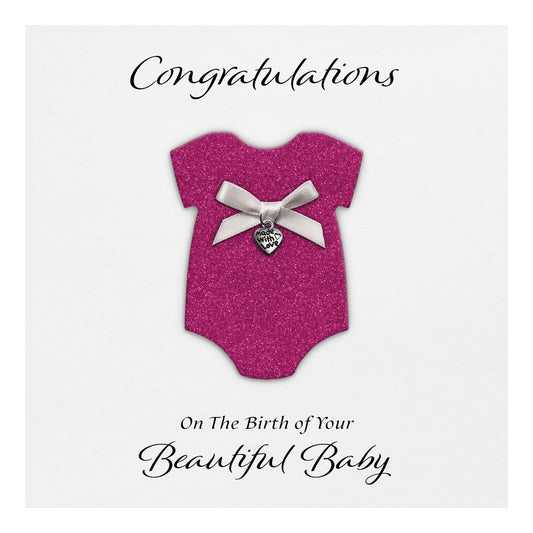 New Baby Card (Heart Charm & Bow) - White Cardstock / Cerise Glitter