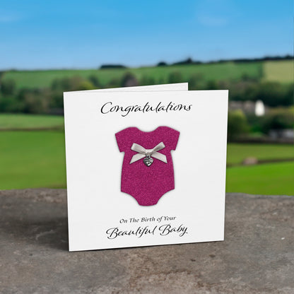 New Baby Card (Heart Charm & Bow) - White Cardstock / Cerise Glitter