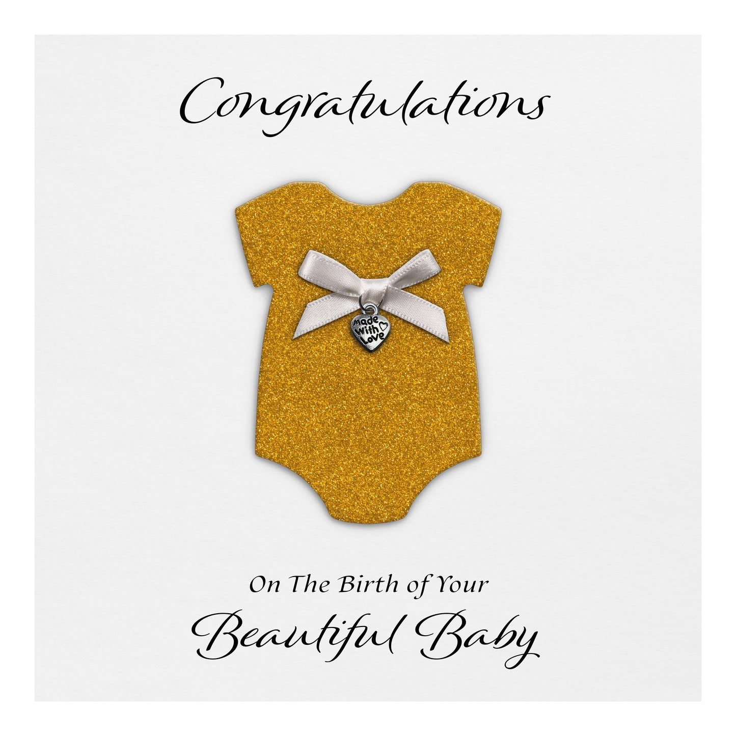 New Baby Card (Heart Charm & Bow) - White Cardstock / Gold Glitter