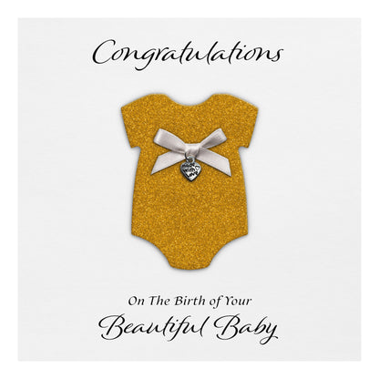 New Baby Card (Heart Charm & Bow) - White Cardstock / Gold Glitter