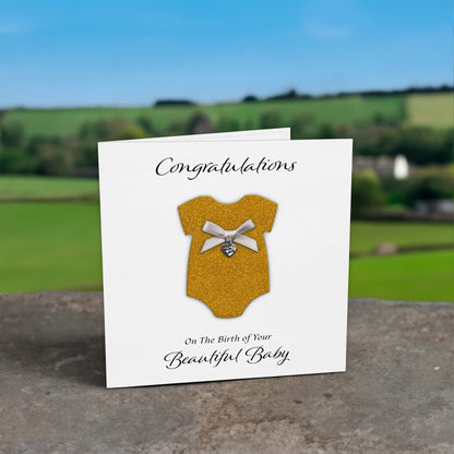 New Baby Card (Heart Charm & Bow) - White Cardstock / Gold Glitter