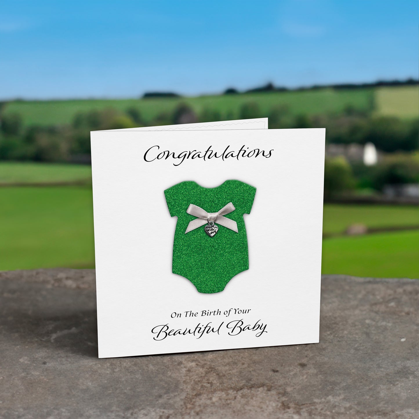 New Baby Card (Heart Charm & Bow) - White Cardstock / Green Glitter