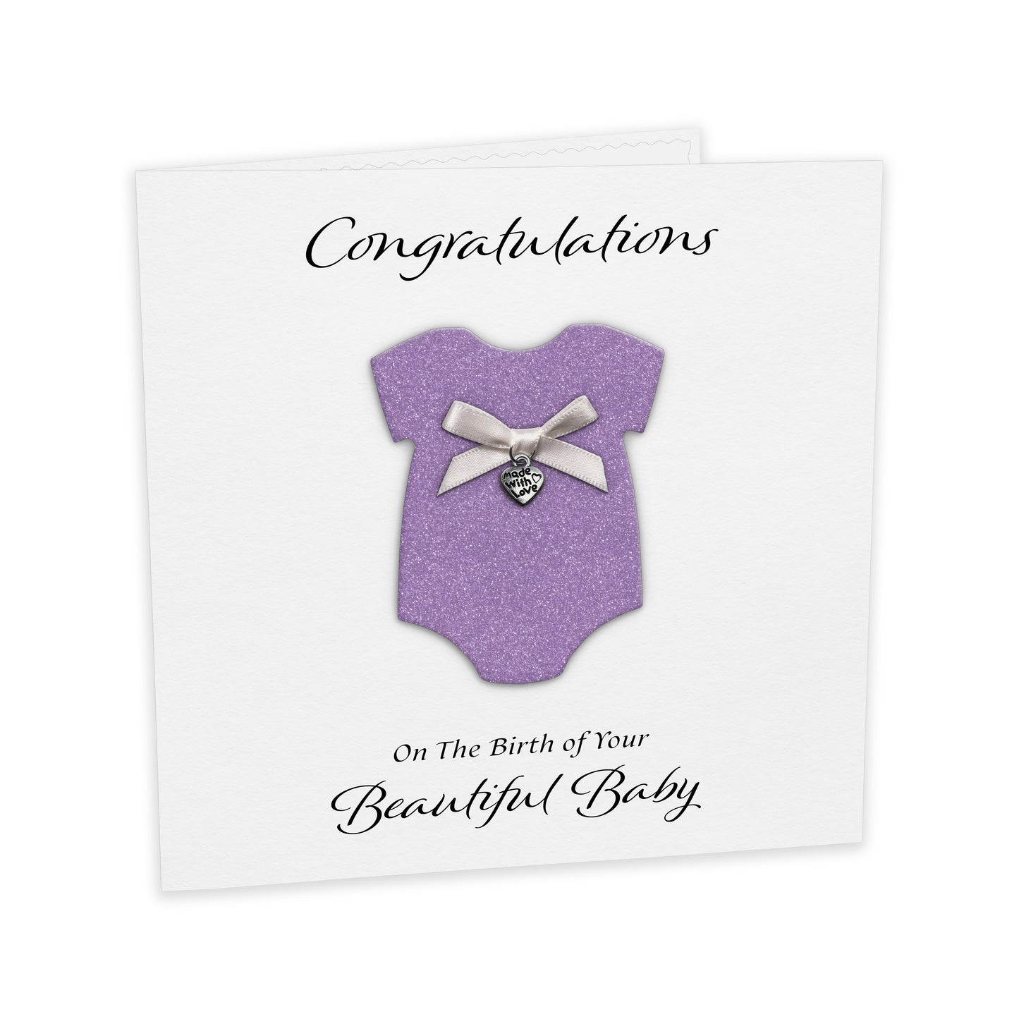 New Baby Card (Heart Charm & Bow) - White Cardstock / Lilac Glitter