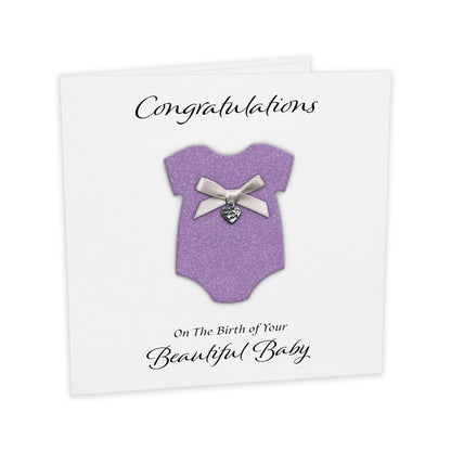 New Baby Card (Heart Charm & Bow) - White Cardstock / Lilac Glitter