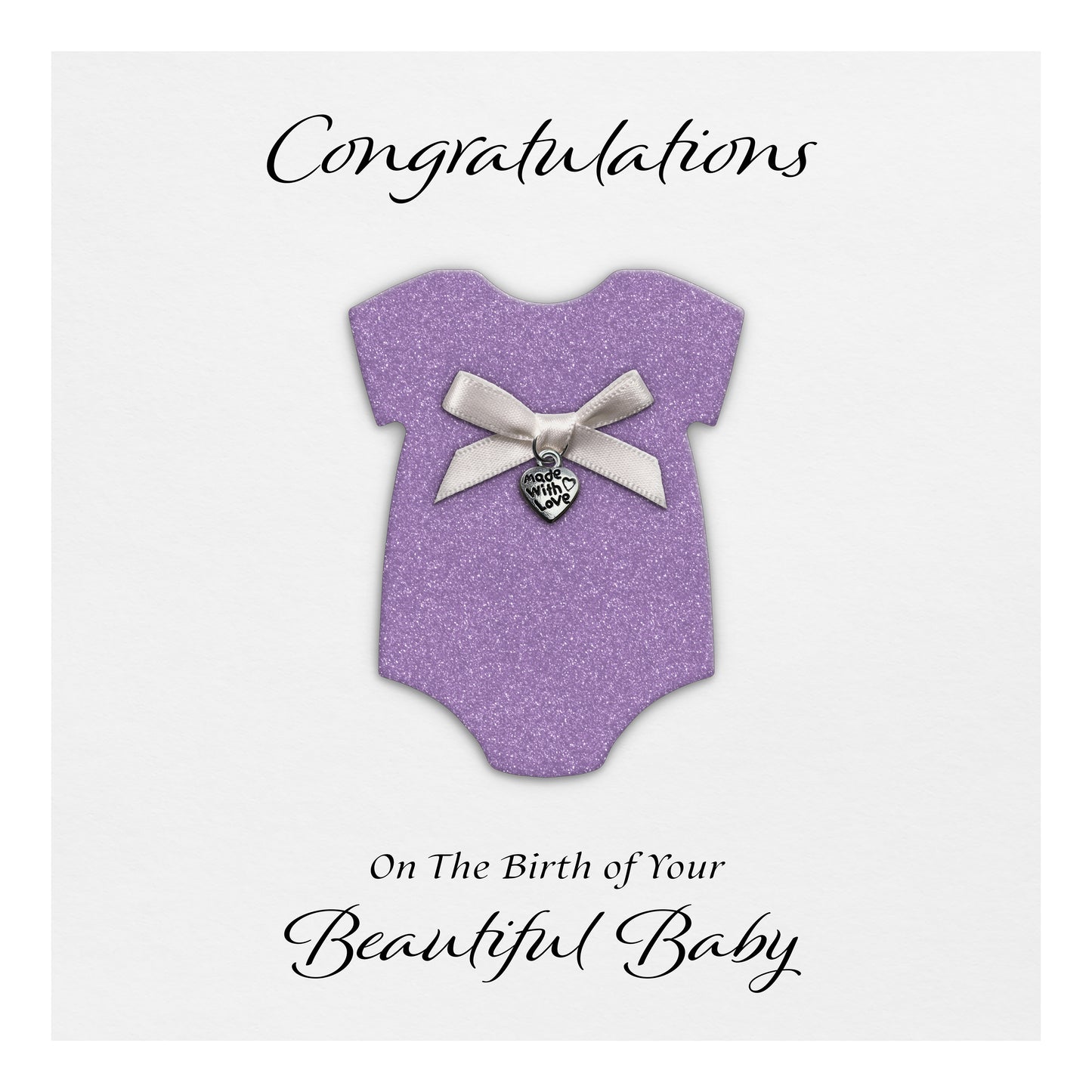 New Baby Card (Heart Charm & Bow) - White Cardstock / Lilac Glitter