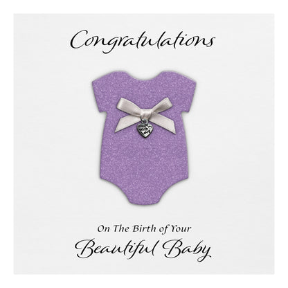 New Baby Card (Heart Charm & Bow) - White Cardstock / Lilac Glitter