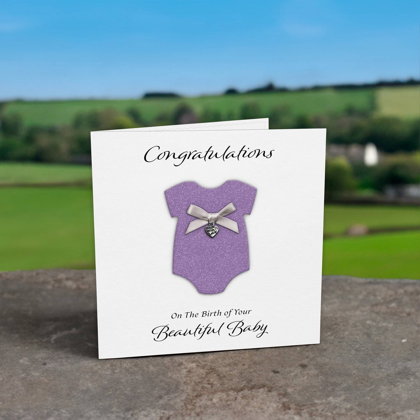 New Baby Card (Heart Charm & Bow) - White Cardstock / Lilac Glitter