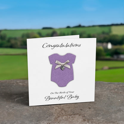 New Baby Card (Heart Charm & Bow) - White Cardstock / Lilac Glitter