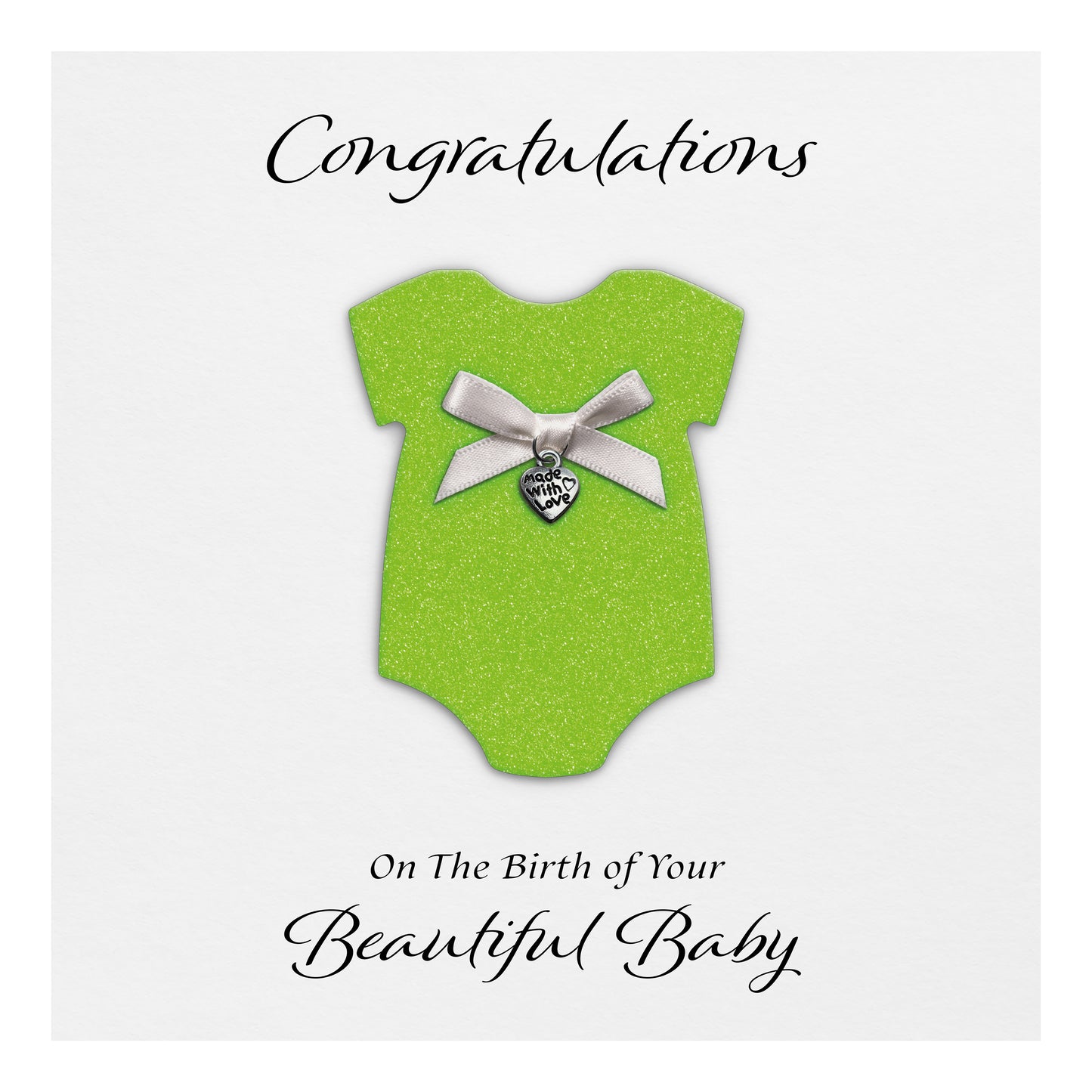 New Baby Card (Heart Charm & Bow) - White Cardstock / Neon Green Glitter