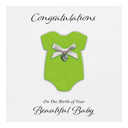 New Baby Card (Heart Charm & Bow) - White Cardstock / Neon Green Glitter