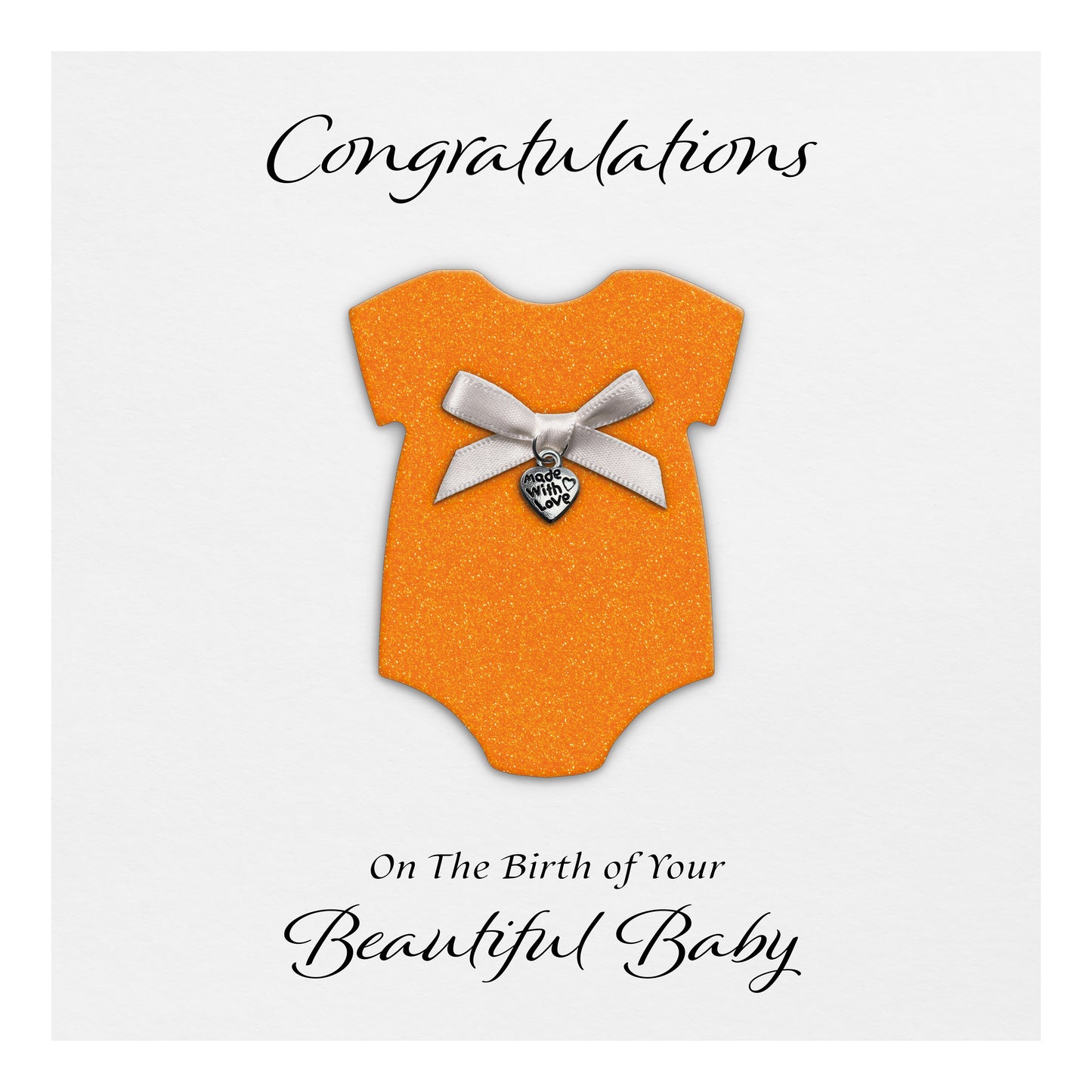 New Baby Card (Heart Charm & Bow) - White Cardstock / Neon Orange Glitter