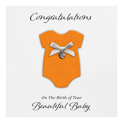 New Baby Card (Heart Charm & Bow) - White Cardstock / Neon Orange Glitter