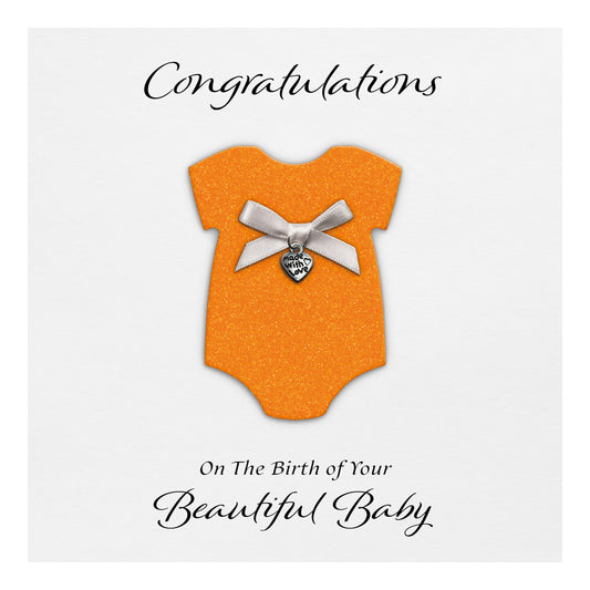 New Baby Card (Heart Charm & Bow) - White Cardstock / Neon Orange Glitter