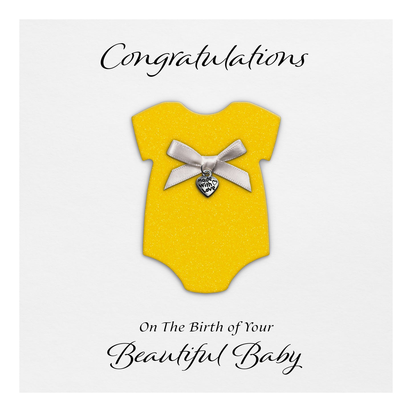New Baby Card (Heart Charm & Bow) - White Cardstock / Neon Yellow Glitter