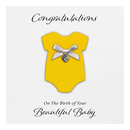 New Baby Card (Heart Charm & Bow) - White Cardstock / Neon Yellow Glitter