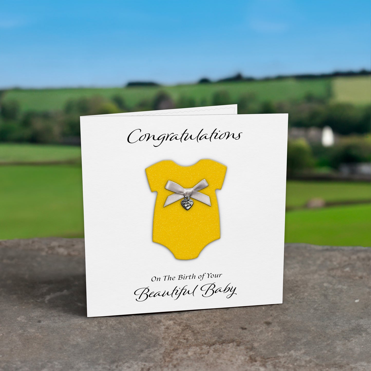 New Baby Card (Heart Charm & Bow) - White Cardstock / Neon Yellow Glitter