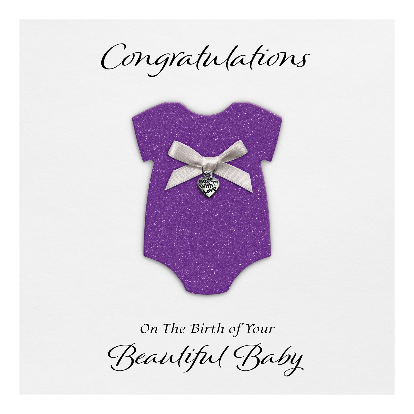 New Baby Card (Heart Charm & Bow) - White Cardstock / Purple Glitter