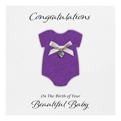 New Baby Card (Heart Charm & Bow) - White Cardstock / Purple Glitter